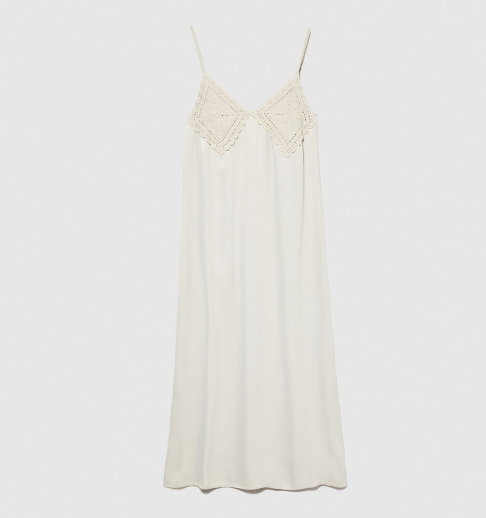Satin dress with crochet - women's midi dresses - Creamy White | Sisley image number 6